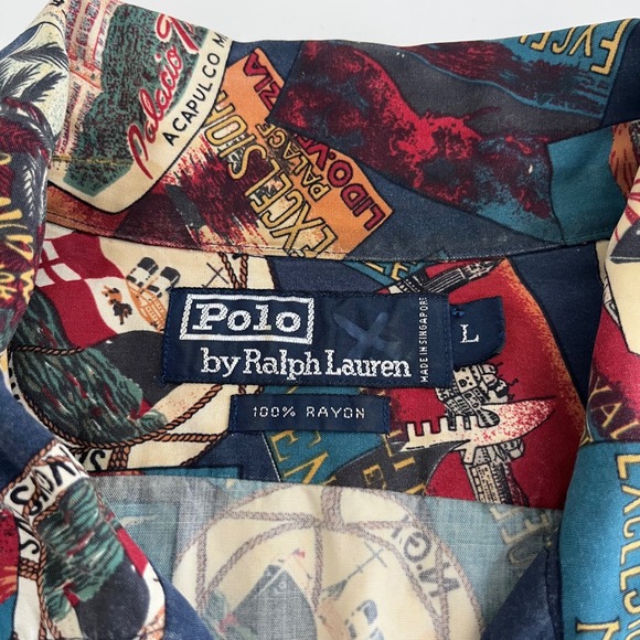 Polo Ralph Lauren Mens Postcard AOP Short Sleeve Button Down Large VTG 90s rayon - Picture 4 of 5